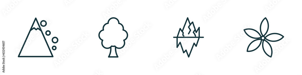 Poster set of 4 linear icons from nature concept. outline icons included snowslide, american elm tree, iceb