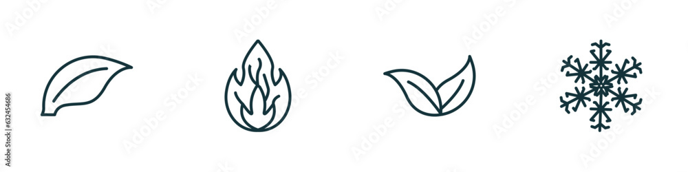 Poster set of 4 linear icons from nature concept. outline icons included element, burning flames, apricot l