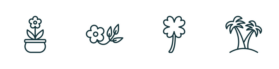 set of 4 linear icons from nature concept. outline icons included plant pot, flower of leaves, clovers, palm islands vector