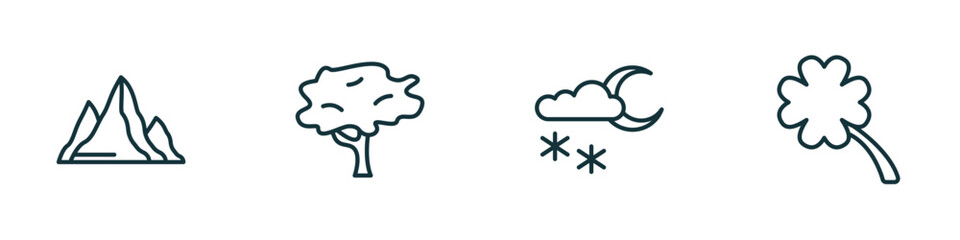 set of 4 linear icons from nature concept. outline icons included hill, red maple tree, night snow, four leaf clover vector