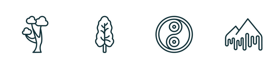 set of 4 linear icons from nature concept. outline icons included gray birch tree, black ash tree, fengshui, melting vector