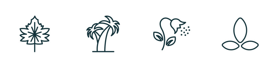 set of 4 linear icons from nature concept. outline icons included hawthorn leaf, coconut tree standing, pollen, asian vector