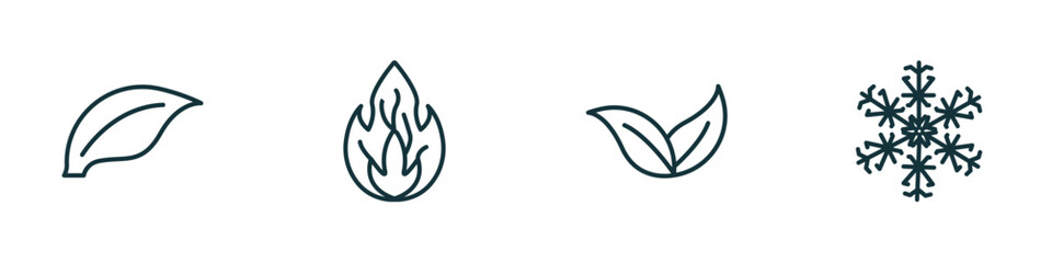 set of 4 linear icons from nature concept. outline icons included element, burning flames, apricot leaf leaf, big snowflake vector