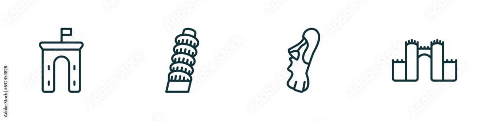 Poster set of 4 linear icons from monuments concept. outline icons included ejer baunehoj, tower of pisa, e
