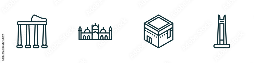 Poster set of 4 linear icons from monuments concept. outline icons included temple of apollo, badshahi mosq