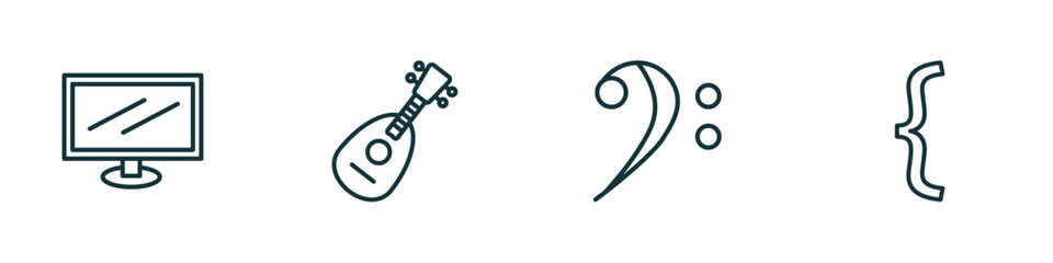 set of 4 linear icons from music and media concept. outline icons included television screen off, mandolin, bass clef, bracket vector