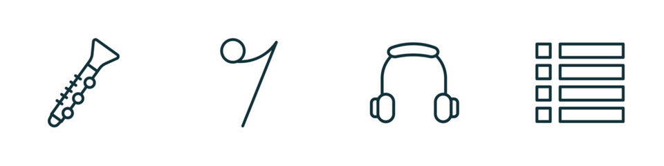 set of 4 linear icons from music and media concept. outline icons included oboe, eight note rest, music player headphones, dotted barline vector