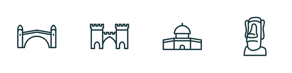 set of 4 linear icons from monuments concept. outline icons included stari most, medieval, dome of the rock, moia statues vector