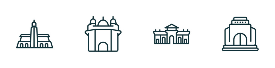 set of 4 linear icons from monuments concept. outline icons included hassan mosque, amritsar, alcala gate, monument site vector - obrazy, fototapety, plakaty