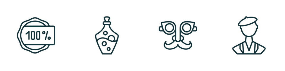 set of 4 linear icons from miscellaneous concept. outline icons included 100 percent, alchemy, fun glasses, swiss vector