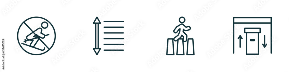 Poster set of 4 linear icons from maps and flags concept. outline icons included no skiing, spacing, crossi