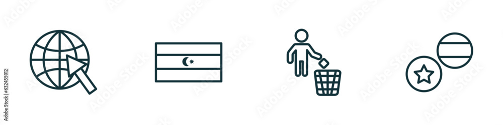 Poster set of 4 linear icons from maps and flags concept. outline icons included arrow on globe, square fla