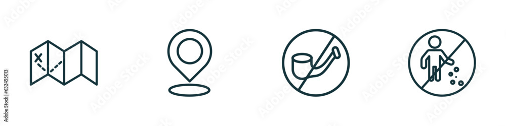 Poster set of 4 linear icons from maps and flags concept. outline icons included treasure map with x, locat