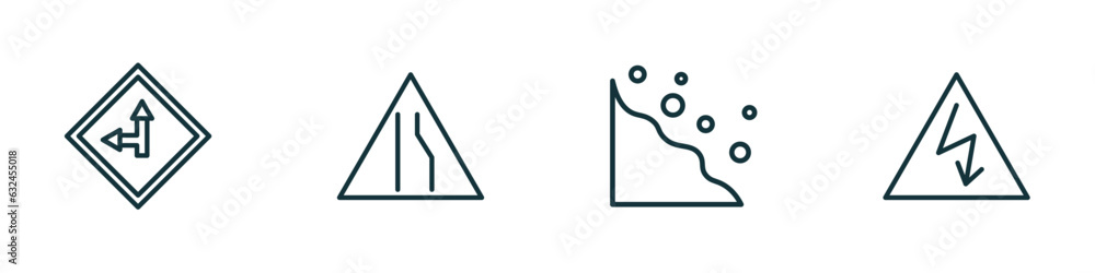 Poster set of 4 linear icons from maps and flags concept. outline icons included left side road, narrow rig