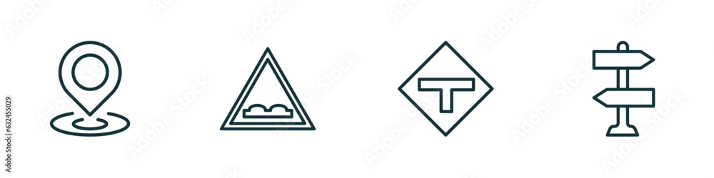 Poster set of 4 linear icons from maps and flags concept. outline icons included maps mark, speed breaker, 