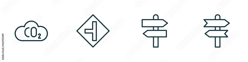 Poster set of 4 linear icons from maps and flags concept. outline icons included co2, road left side, divar