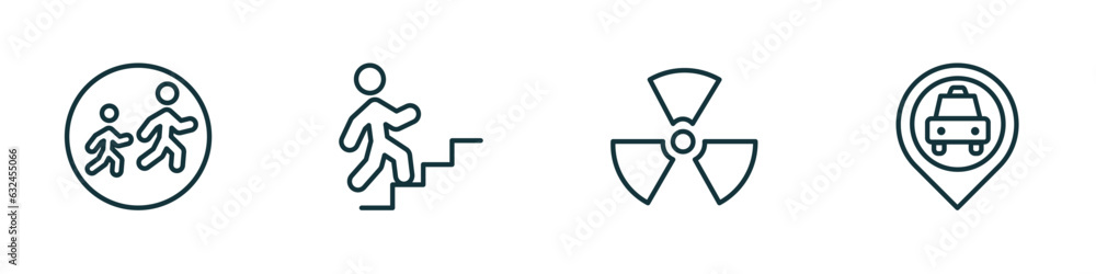 Poster set of 4 linear icons from maps and flags concept. outline icons included school zone, walking up st