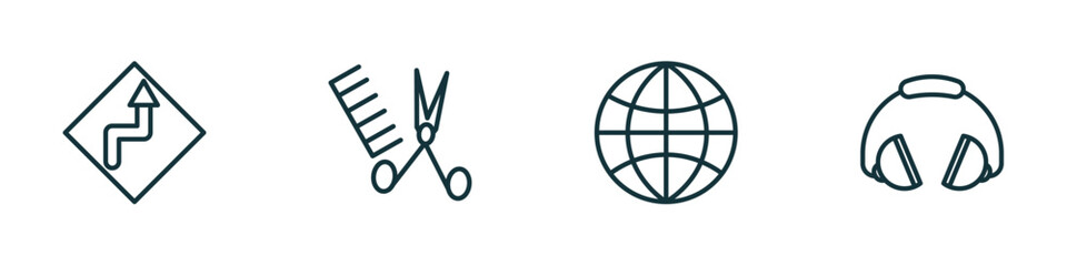 set of 4 linear icons from maps and flags concept. outline icons included curves ahead, women hairstylist, earth gobe, ear protection vector