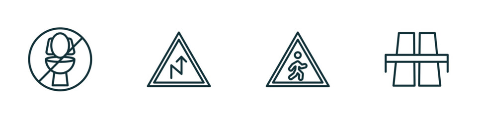 set of 4 linear icons from maps and flags concept. outline icons included no toileting, right reverse curve, crossing zone, flyover bridge vector