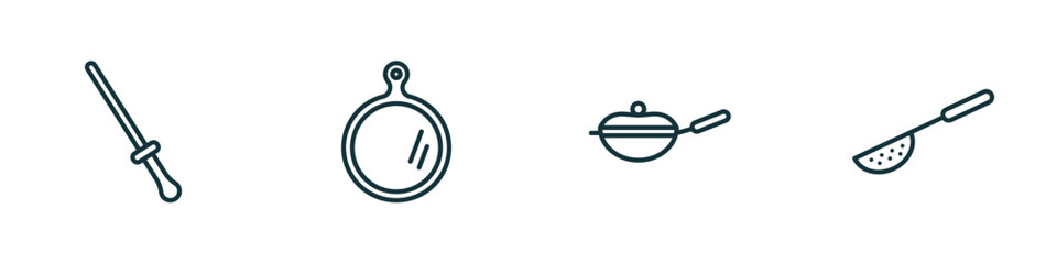 set of 4 linear icons from kitchen concept. outline icons included knife sharpener, chopping board, skillet, sugar sifter vector