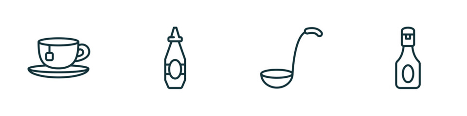 set of 4 linear icons from kitchen concept. outline icons included tea cup, sauce, ladle, ketchup vector