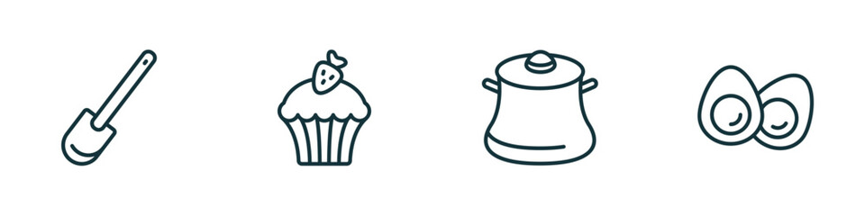 set of 4 linear icons from kitchen concept. outline icons included paddle, cupcake, cooking pot, eggs vector
