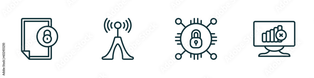 Poster set of 4 linear icons from internet security concept. outline icons included file security, wireless
