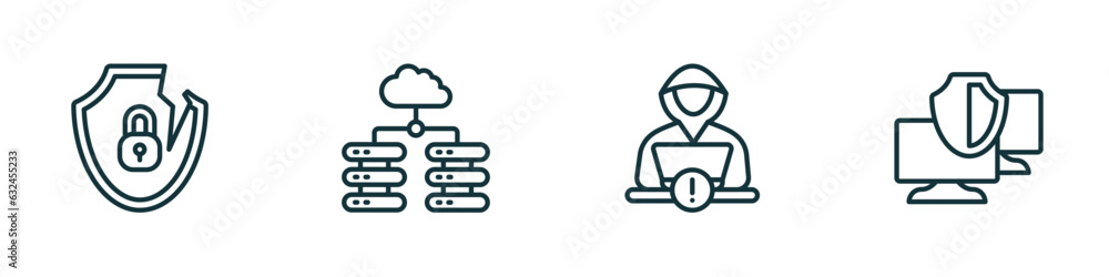 Poster set of 4 linear icons from internet security concept. outline icons included internet attack, data c