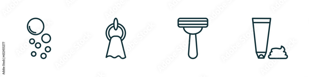 Poster set of 4 linear icons from hygiene concept. outline icons included bubble, face towel, shaving razor