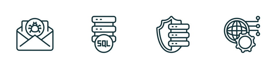 set of 4 linear icons from internet security concept. outline icons included spam, sql, server security, network optimization vector