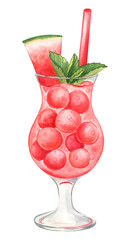 Watermelon margarita alcohol cocktail. Hand drawn watercolor illustration in white background. Drink clipart element