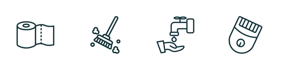 set of 4 linear icons from hygiene concept. outline icons included paper towel, dust cleaning, ablution, epilator vector