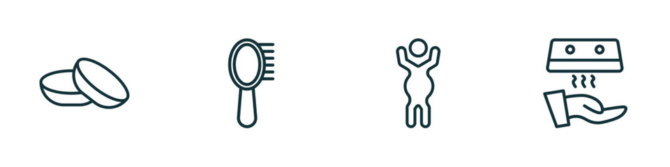 set of 4 linear icons from hygiene concept. outline icons included lens, primp, body shaming, hand dryer vector