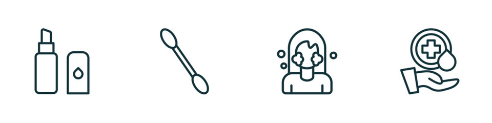 set of 4 linear icons from hygiene concept. outline icons included lip balm, cotton swab, face washer, sanitary vector