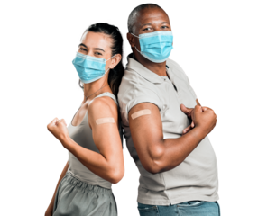 Covid, vaccine and people with face mask, plaster and standing back to back. Portrait of man and woman with diversity, health care and support for virus safety isolated on transparent, png background