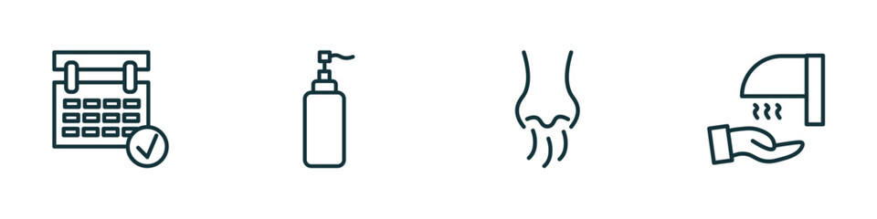 set of 4 linear icons from hygiene concept. outline icons included appointment book, pump bottle, body odour, drying hands vector - obrazy, fototapety, plakaty