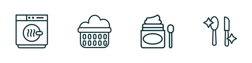 set of 4 linear icons from hygiene concept. outline icons included dryer, laundry basket, scrub up, food hygiene vector