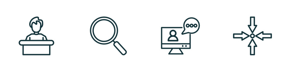 set of 4 linear icons from human resources concept. outline icons included boss, searching, video conference, meeting point vector