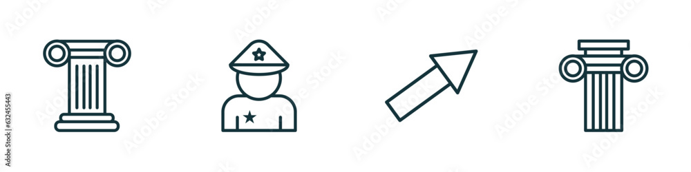 Poster set of 4 linear icons from history concept. outline icons included column, policeman, arrow, ancient