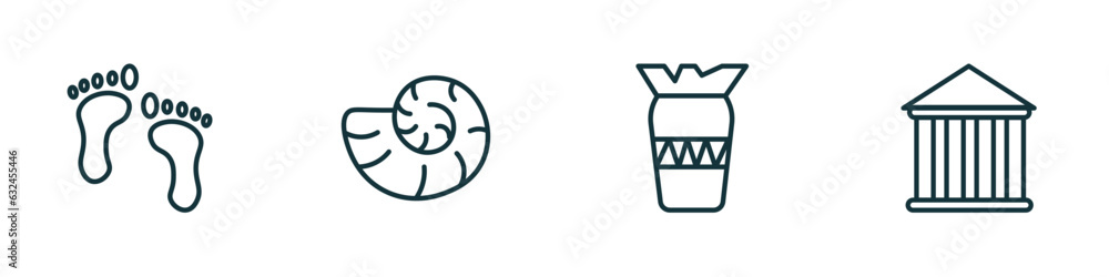 Poster set of 4 linear icons from history concept. outline icons included foot print, fossil, ancient jar, 