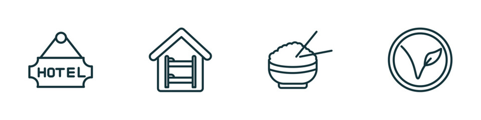 set of 4 linear icons from hotel and restaurant concept. outline icons included hotel, hostel, rice, vegetarian vector