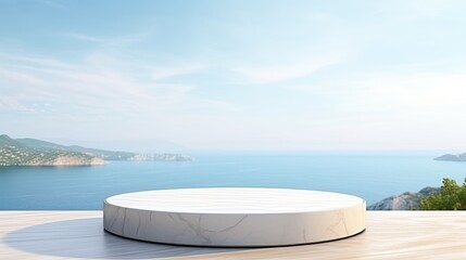Fototapeta na wymiar White marble podium display for product presentation, summer beach with blue sea and sky background.