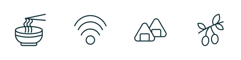 set of 4 linear icons from hotel concept. outline icons included ramen, free wifi, onigiri, olives vector