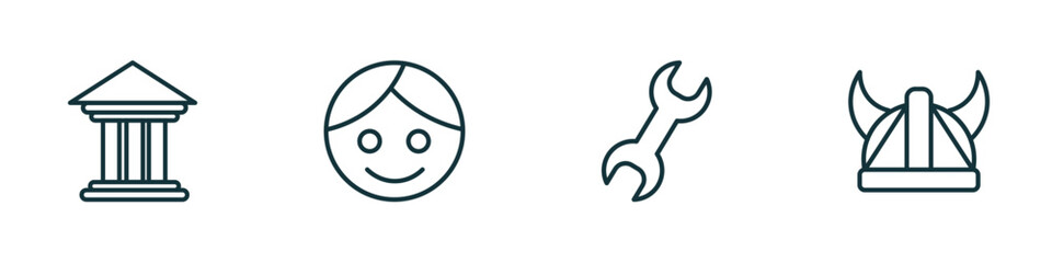 set of 4 linear icons from history concept. outline icons included greek, face, tool, viking helmet vector