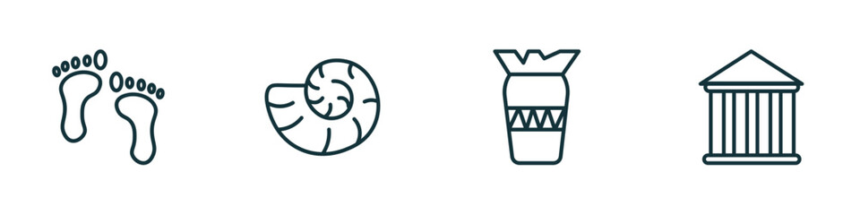 set of 4 linear icons from history concept. outline icons included foot print, fossil, ancient jar, pantheon vector