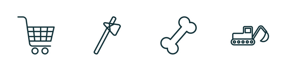 set of 4 linear icons from history concept. outline icons included cart, ancient weapon, bone, digger vector