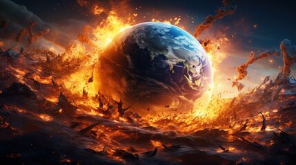 Global Warming Destroying our Planet, Burning and Exploding Earth, Global Catastrophe Concept. Generative Ai