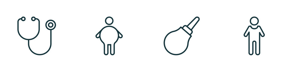set of 4 linear icons from health and medical concept. outline icons included phonendoscope, fat, enema, body vector