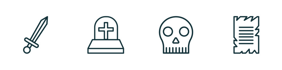 set of 4 linear icons from history concept. outline icons included sword, tomb, skull, old paper vector