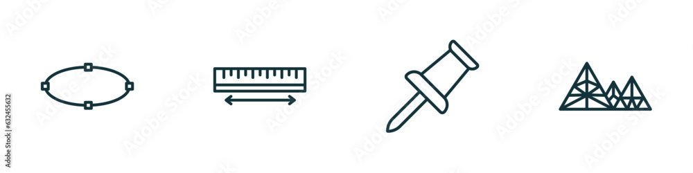 Poster set of 4 linear icons from geometry concept. outline icons included ellipse, measure, push pin, poly